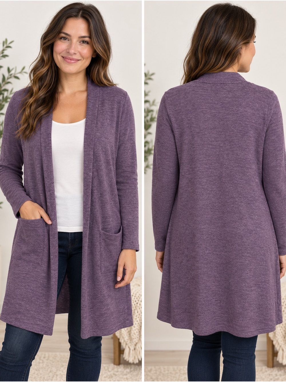 Zenana Outfitters Purple Long Open Front Cardigan Duster Size S Pockets